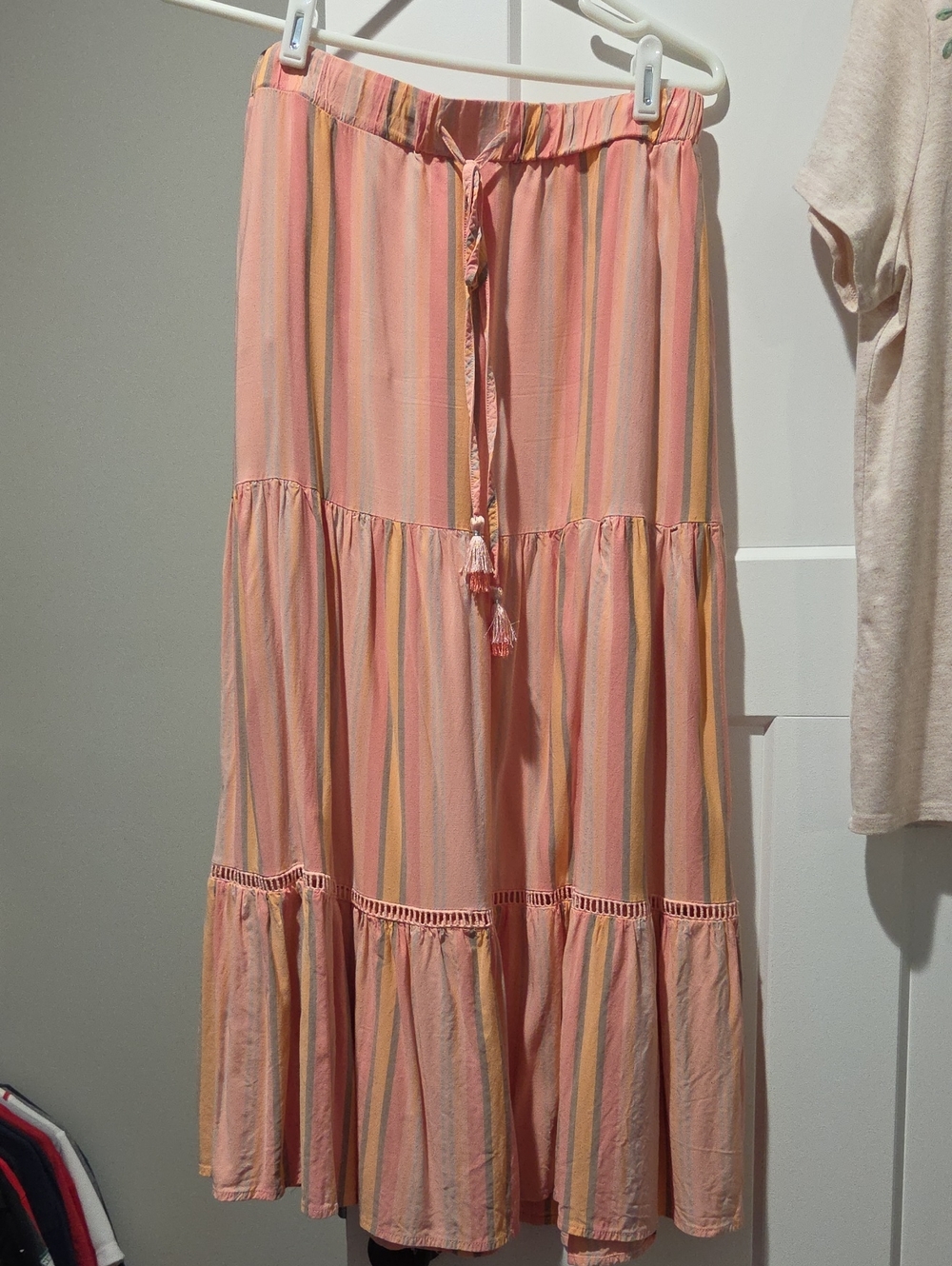 Matilda Jane Peach & Multi-Stripe Tiered Maxi Skirt & Cream Embroidered T-shirt